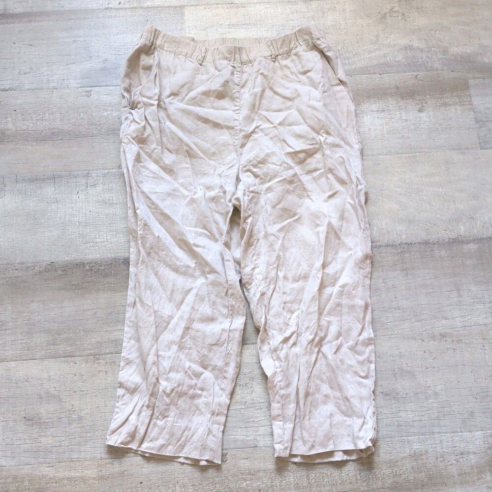 Quince Women's 100% Linen Crop Pants Size L Beige Pull On W Pockets